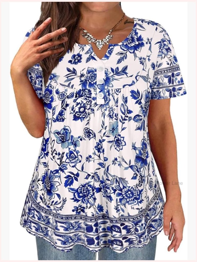 Plus Size Short Sleeve Button Up Henley Tunic Blouse Swing Flowy Top